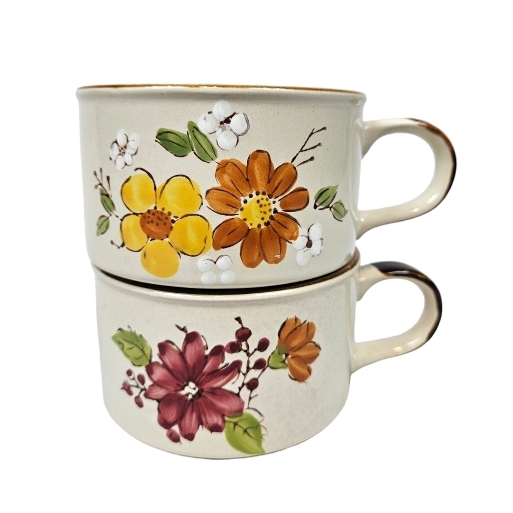 Vintage JI Stonecrest‎ Set of 2 Floral Ceramic Mugs Soup Mug Made in Korea